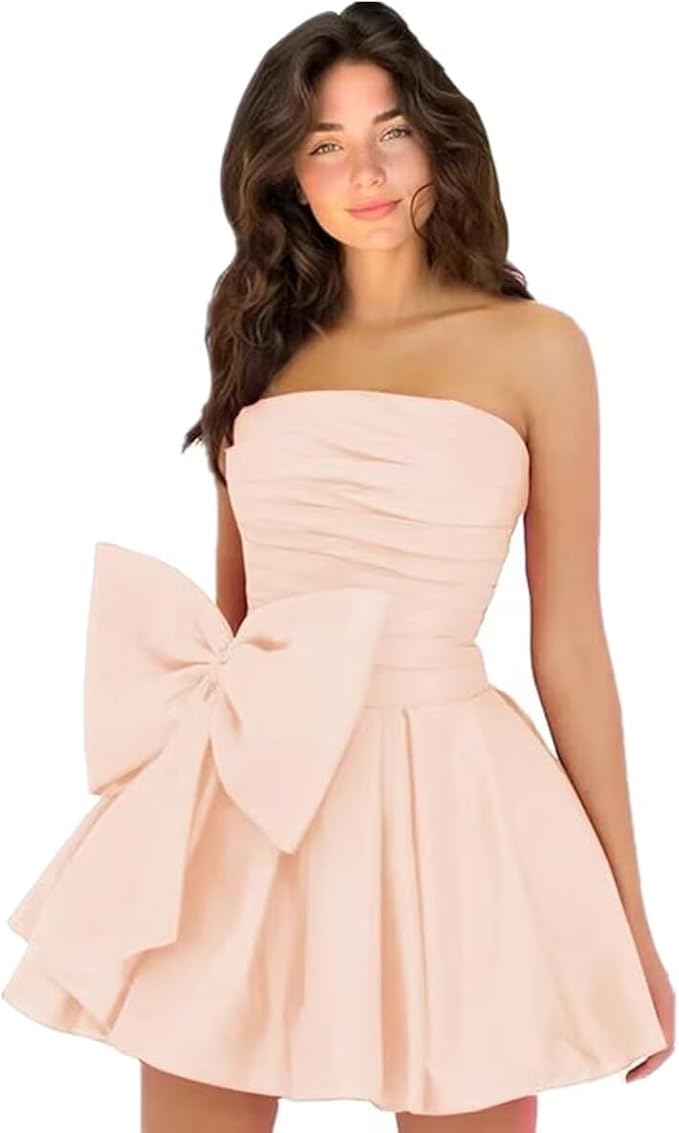 Vestidos de fiesta cortos y elegantes de corte A, sin mangas, sin tirantes, fruncidos, con cordones y lazo