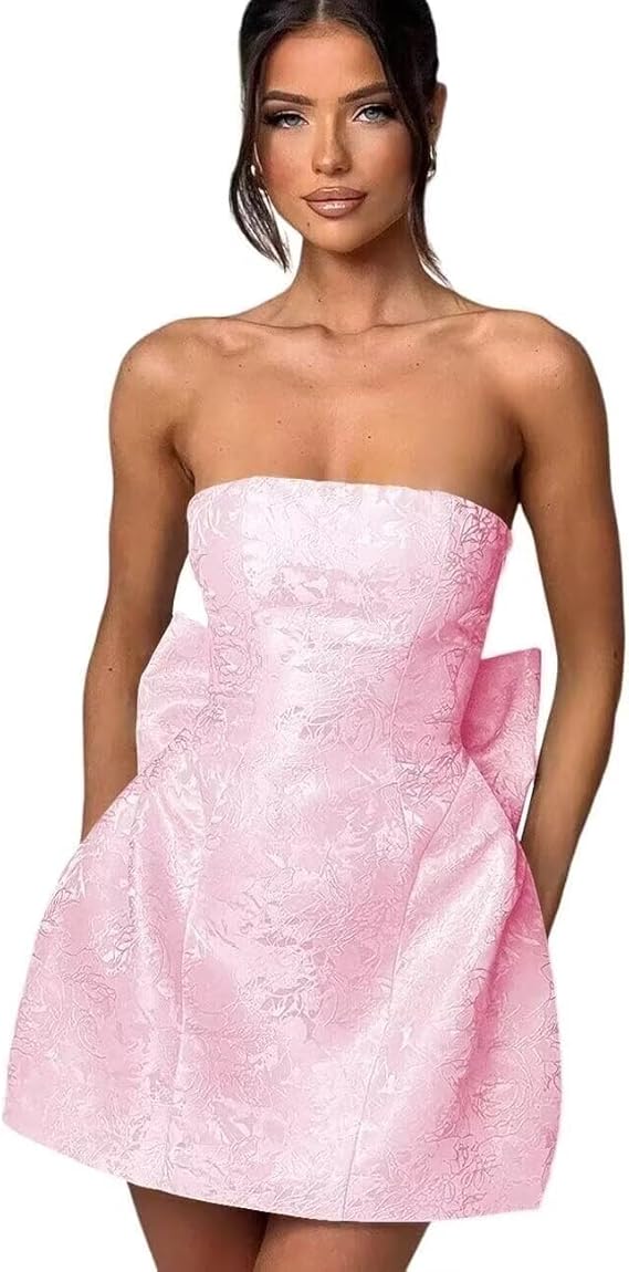 Trägerloses, kurzes Ballkleid für den Heimkehr, ärmelloses Partykleid aus Jacquard-Satin mit Schnürung und Schleife