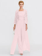 3-teiliger Chiffon-Hosenanzug mit quadratischem Ausschnitt und Jacke für die Mutter der Braut 