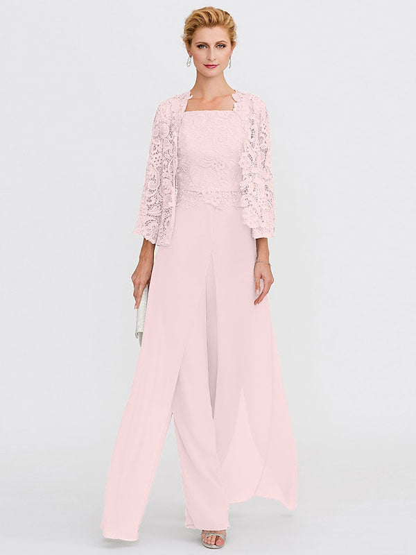 3 Piece Chiffon Square Neck Mother of the Bride Pantsuits with Jacket