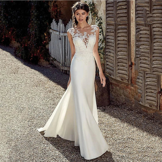 Cap Sleeve Appliques Lace Sheath Wedding Dress Illusion Bohemian Bridal Gowns Beach Satin Vestido De Novia-payinti
