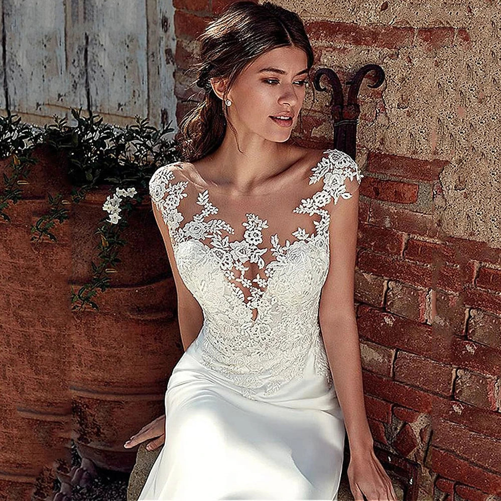 Cap Sleeve Appliques Lace Sheath Wedding Dress Illusion Bohemian Bridal Gowns Beach Satin Vestido De Novia-payinti