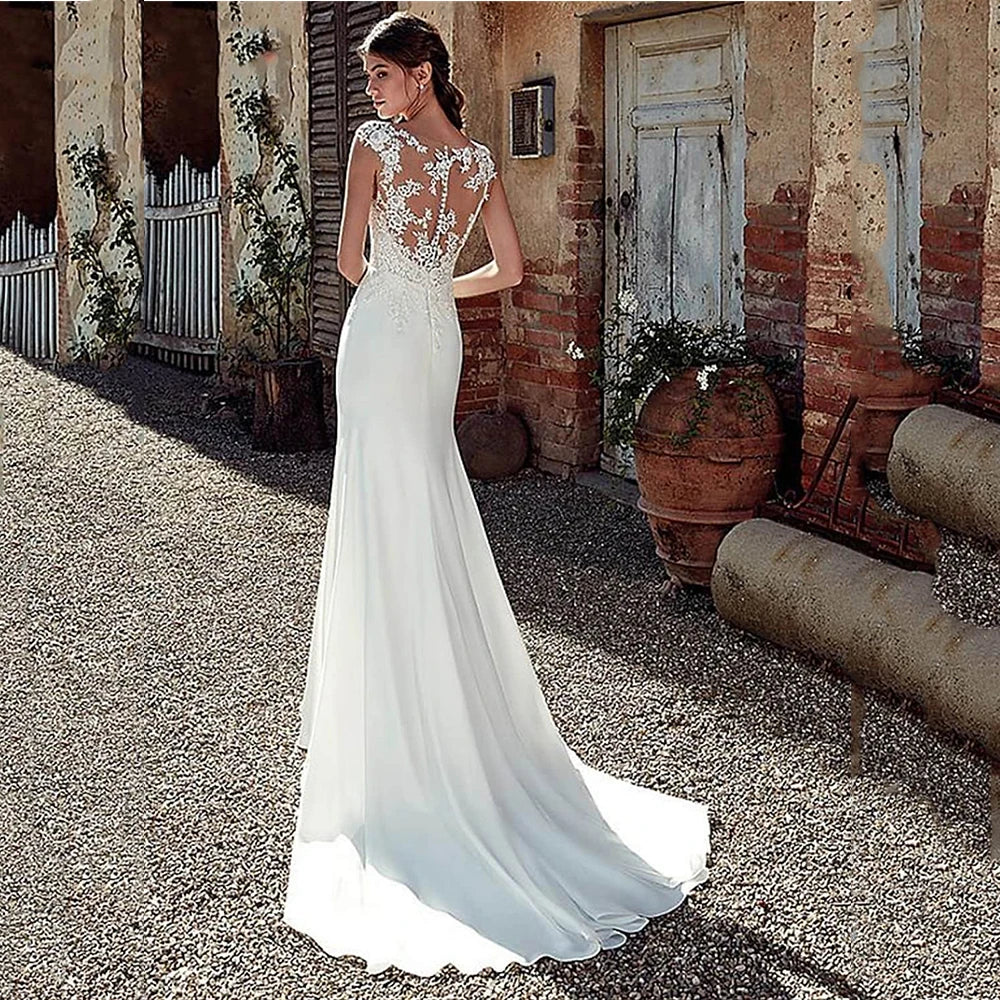 Cap Sleeve Appliques Lace Sheath Wedding Dress Illusion Bohemian Bridal Gowns Beach Satin Vestido De Novia-payinti