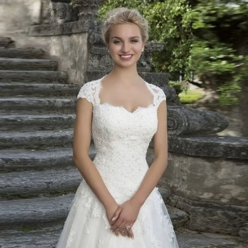 Cap Sleeve Wedding Dresses Amazing Neck Vestidos De Novia Appliques Vestido De Noiva Lace Robe De Mariée-payinti