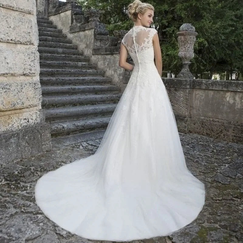 Cap Sleeve Wedding Dresses Amazing Neck Vestidos De Novia Appliques Vestido De Noiva Lace Robe De Mariée-payinti
