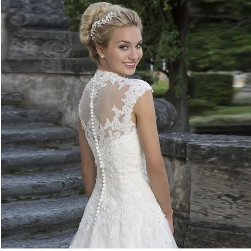 Cap Sleeve Wedding Dresses Amazing Neck Vestidos De Novia Appliques Vestido De Noiva Lace Robe De Mariée-payinti