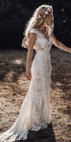 Cap Sleeve Sheath Boho Wedding Dresses Vintage Lace Rustic Wedding Dress,MW314