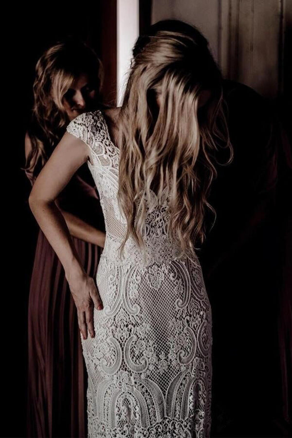 Vestido de novia bohemio con mangas cortas y encaje rústico vintage MW314