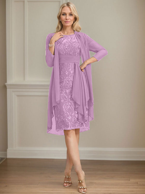 Vestido de madre de la novia de gasa con encaje, escote redondo, ilusión, largo hasta la rodilla, con volantes en cascada y lentejuelas