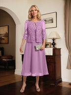 Vestido de gasa con encaje y lentejuelas para madre de la novia, corte A, escote redondo y largo hasta la rodilla
