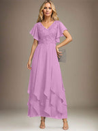 Vestido de gasa con encaje y escote en V hasta los tobillos para madre de la novia con volantes en cascada