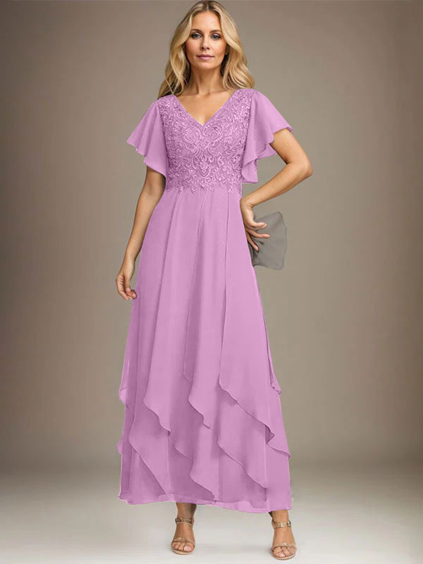 Vestido de gasa con encaje y escote en V hasta los tobillos para madre de la novia con volantes en cascada