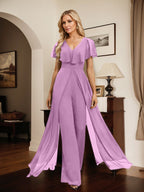 Vestido de noche de gasa con escote en V y largo hasta el suelo, tipo mono/pantalón
