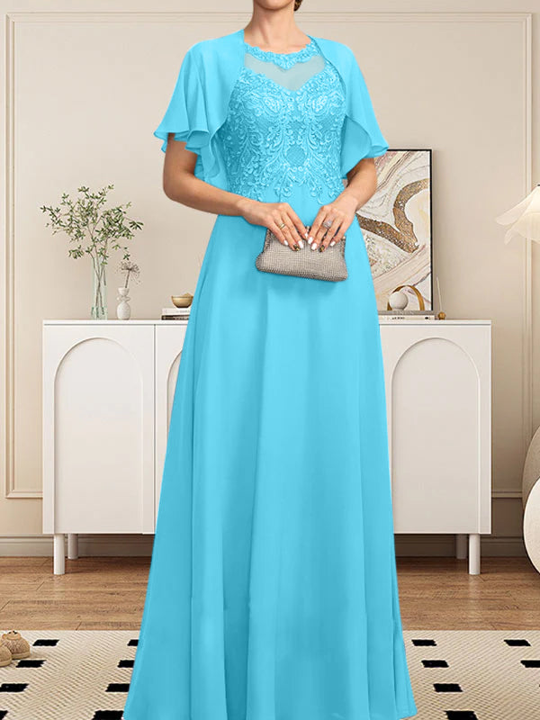 Vestido de gasa con encaje y lentejuelas para madre de la novia, corte A, escote ilusión, largo hasta el suelo