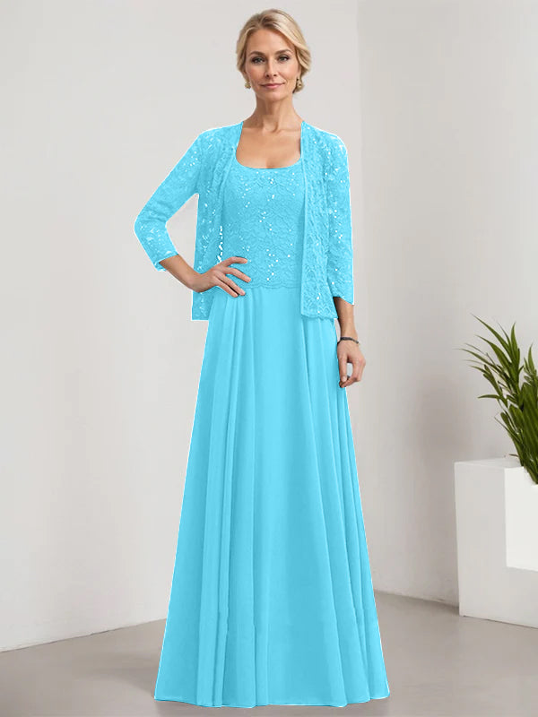 Vestido de madre de la novia de gasa con encaje, corte A, largo hasta el suelo, cuadrado y lentejuelas