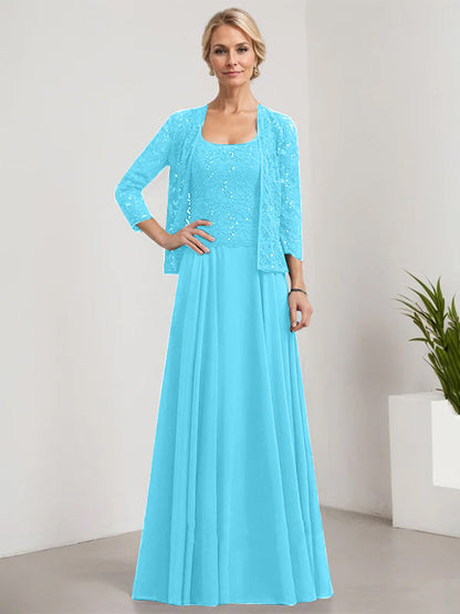 A-Linie Quadratisches Bodenlanges Spitzen-Chiffon-Kleid für die Brautmutter mit Pailletten 