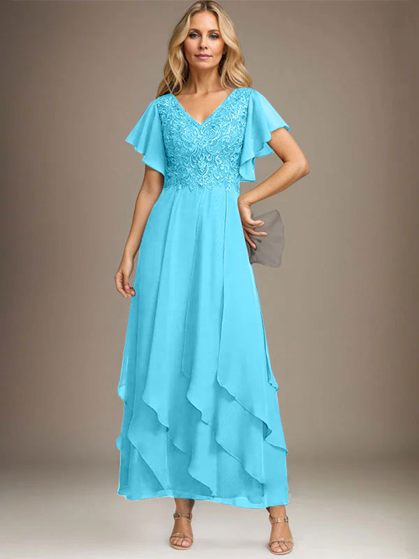 Vestido de gasa con encaje y escote en V hasta los tobillos para madre de la novia con volantes en cascada