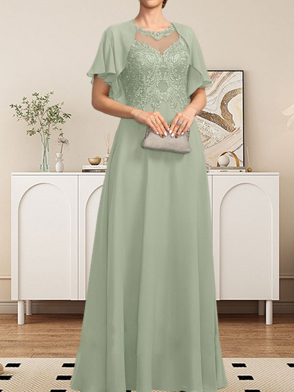 Vestido de gasa con encaje y lentejuelas para madre de la novia, corte A, escote ilusión, largo hasta el suelo