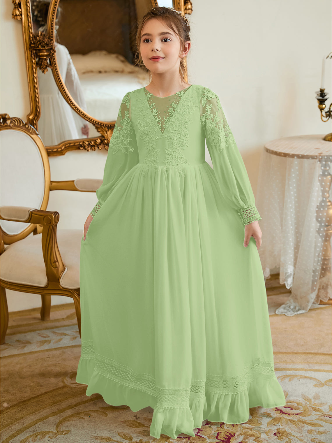 Bodenlanges Chiffon-Kleid in A-Linie und Elfenbein für die Erstkommunion 