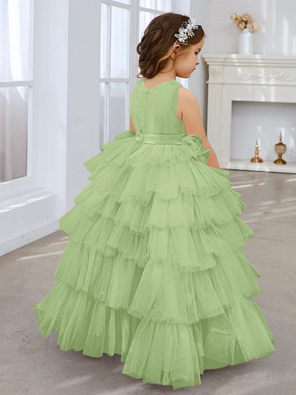 Vestido de fiesta/princesa rosa perla sin mangas con lazo de tul para niña de las flores