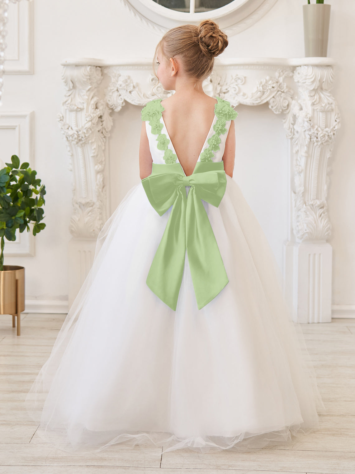 Ballkleid/Princess-Linie 3D-Blumen Tüll Bodenlang Elfenbein Blumenmädchenkleid 