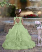Vestido de niña de las flores de tul satinado con corte A y volantes en cascada hasta el suelo