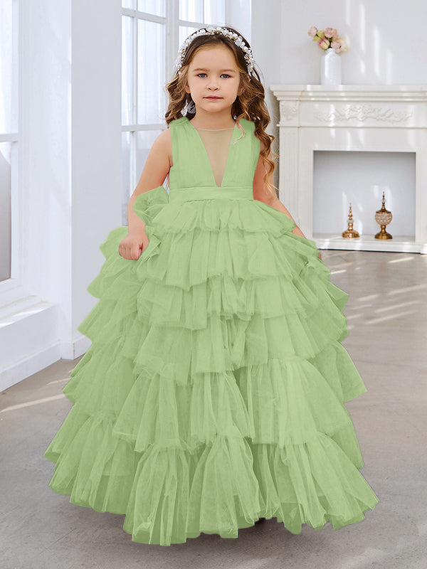 Duchesse-Linie/Princess-Linie Perlenrosa Ärmelloses Tüll-Blumenmädchenkleid mit Schleife (010220814) 