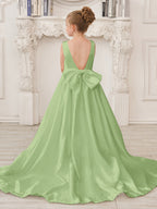 A-Line Princess Sleeveless Satin Flower Girl Dress with Sweep Train and Bow