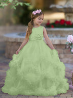 Vestido de niña de las flores de tul satinado con corte A y volantes en cascada hasta el suelo