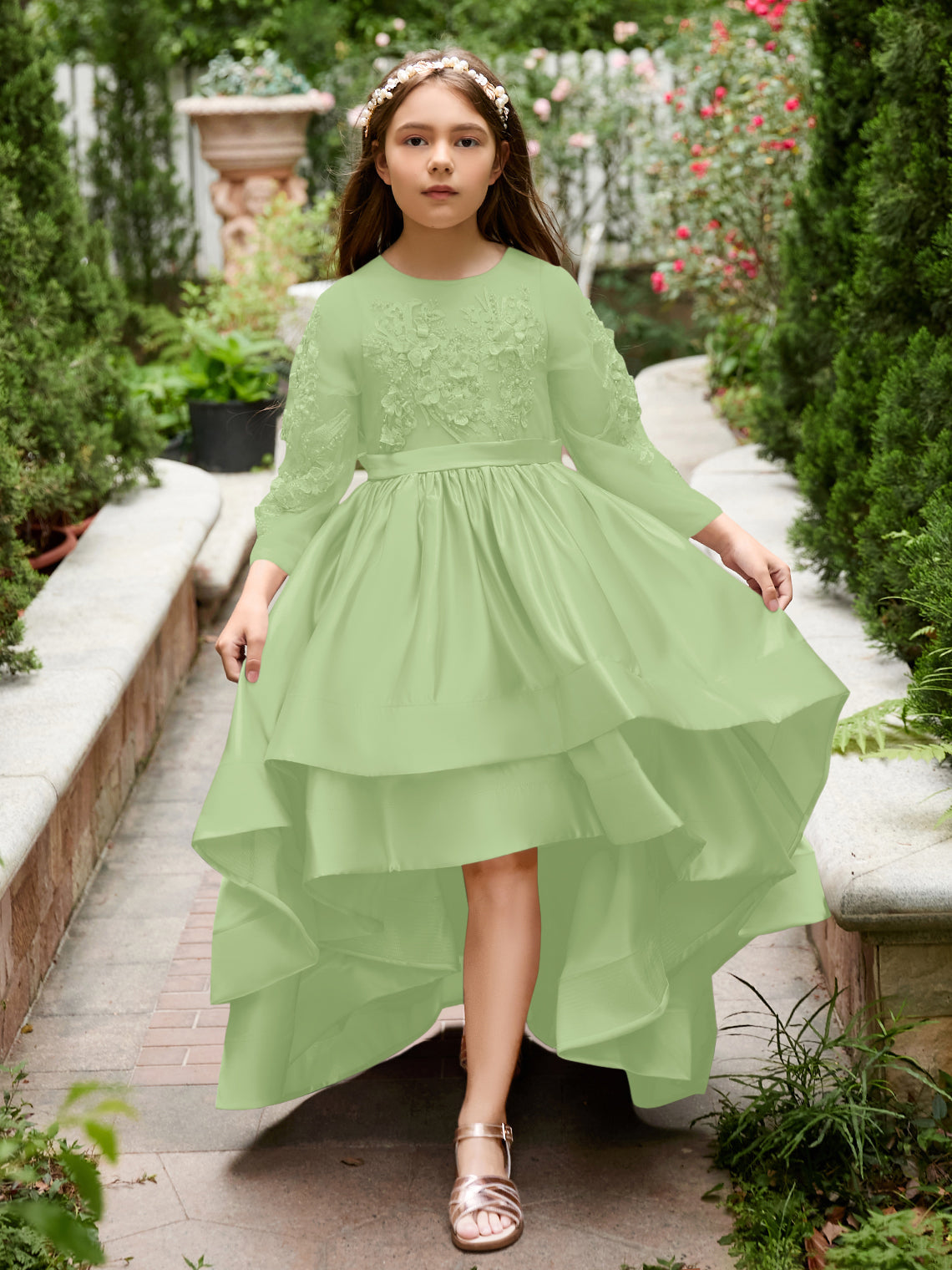 Vestido de niña de las flores asimétrico de satén con corte A