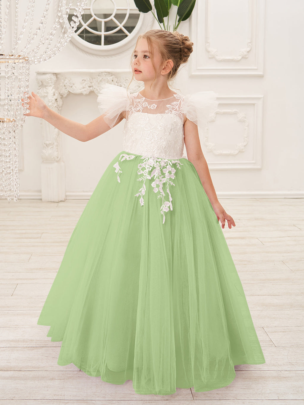 Abnehmbares Blumenmädchenkleid aus Spitze und Tüll mit Schleppe 