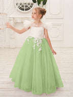 Abnehmbares Blumenmädchenkleid aus Spitze und Tüll mit Schleppe 