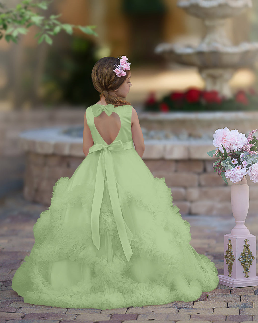 A-Linie Satin Tüll Bodenlang Kaskadierende Rüschen Blumenmädchenkleid