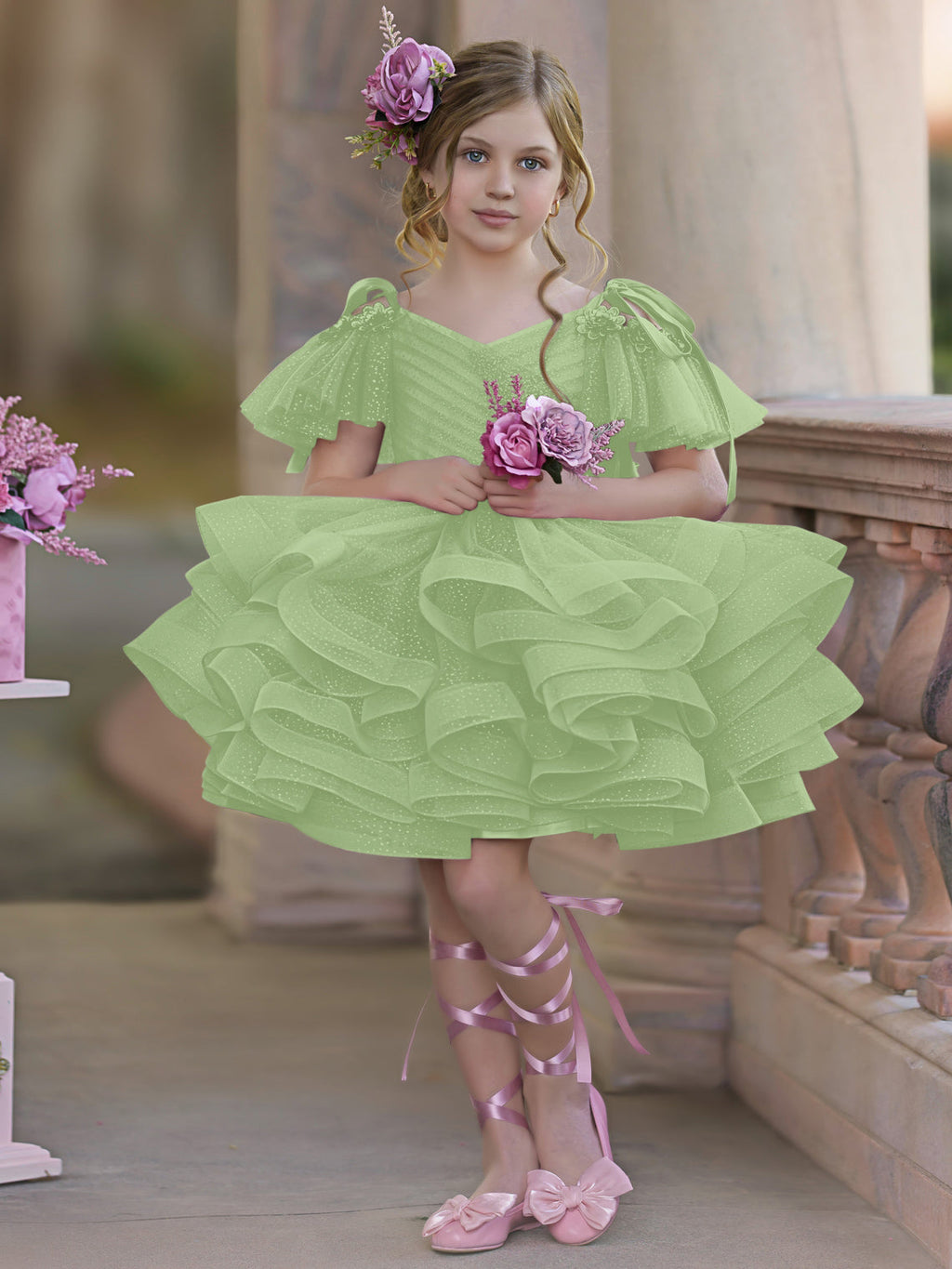 Vestido de fiesta/princesa de tul hasta la rodilla para niña de las flores de cumpleaños