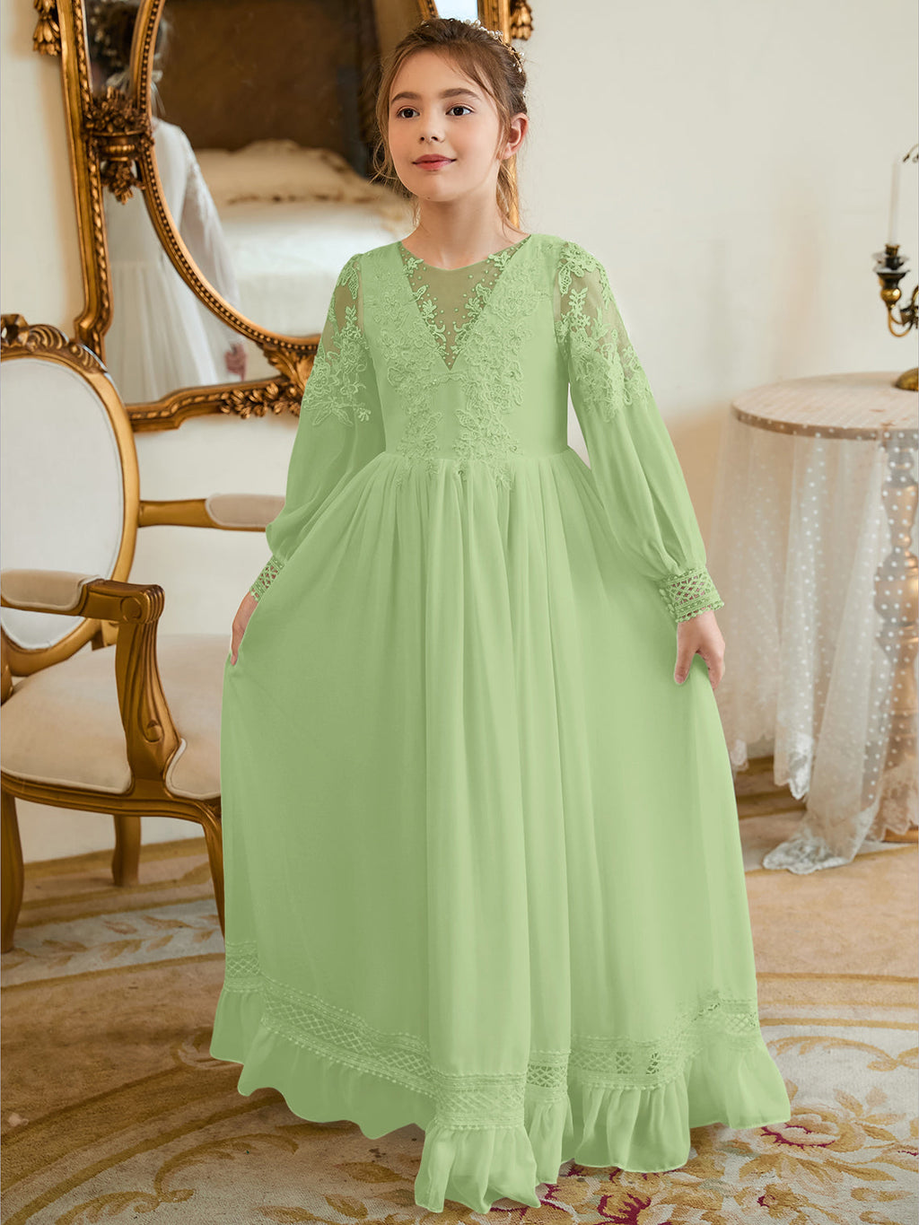 Bodenlanges Chiffon-Kleid in A-Linie und Elfenbein für die Erstkommunion 