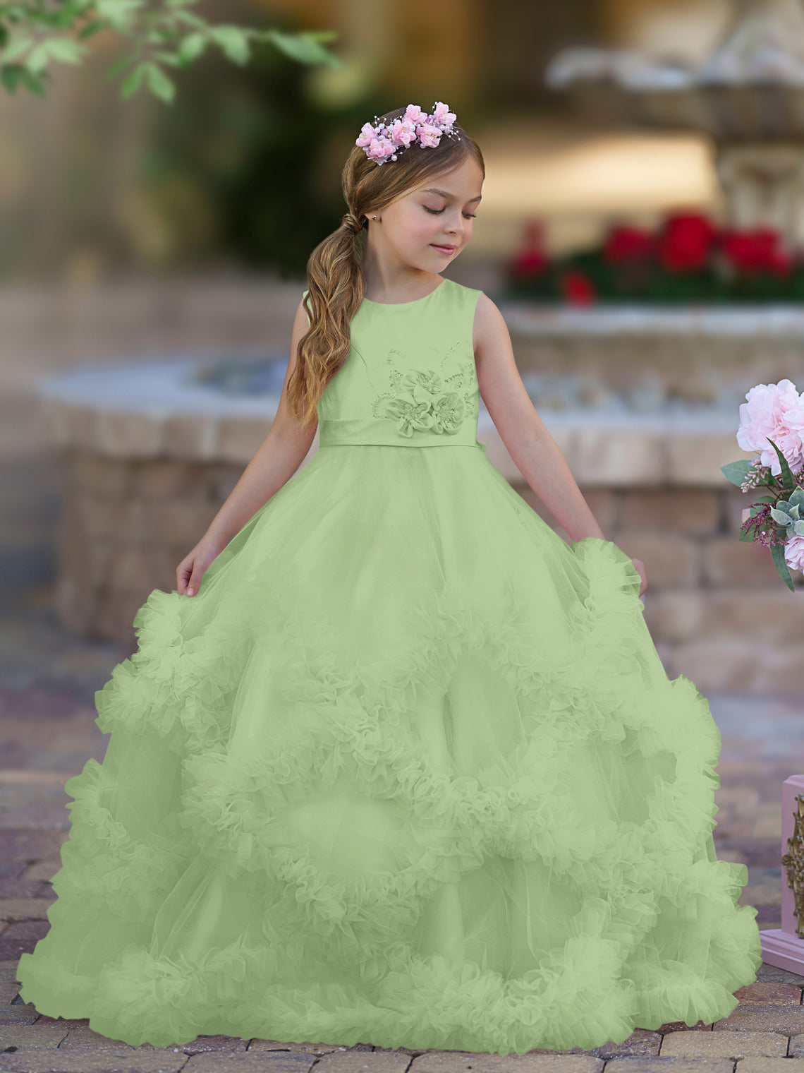 A-Linie Satin Tüll Bodenlang Kaskadierende Rüschen Blumenmädchenkleid