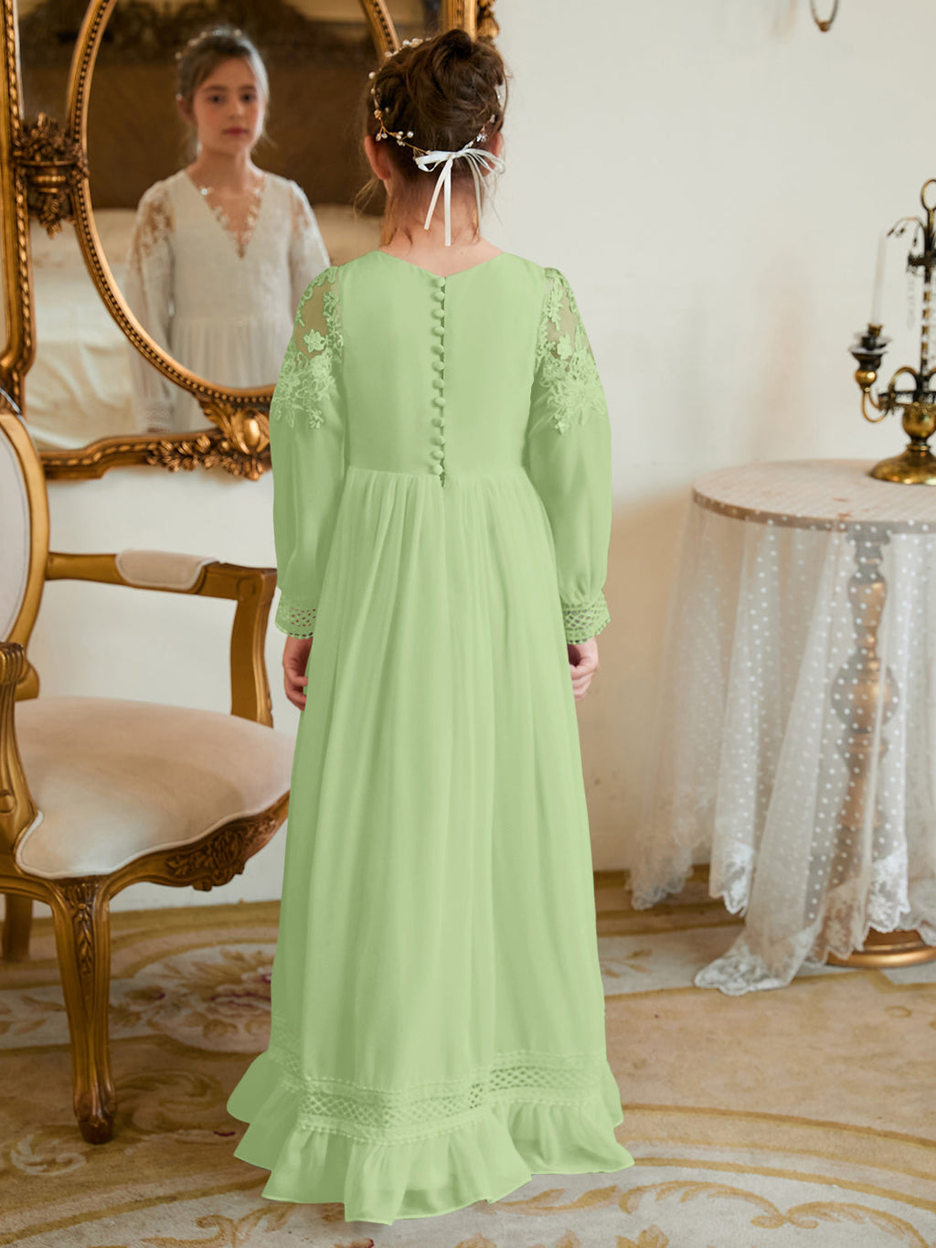 Bodenlanges Chiffon-Kleid in A-Linie und Elfenbein für die Erstkommunion 