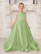 A-Linie Prinzessin Ärmelloses Satin Blumenmädchenkleid mit Schleppe und Schleife 