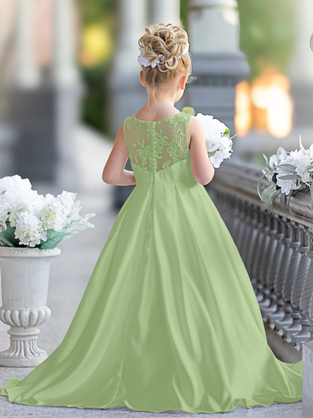 A-Linie Spitze Satin Bodenlang Erstkommunionkleid für Blumenmädchen 