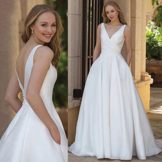 Simple A-Line Wedding Dresses With Pockets Classic V-Neck Sleeveless Backless Satin Bridal Gown Vestidos De Novia New-payinti