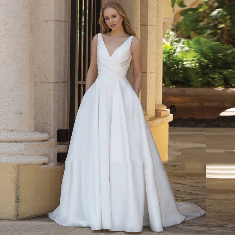 Simple A-Line Wedding Dresses With Pockets Classic V-Neck Sleeveless Backless Satin Bridal Gown Vestidos De Novia New-payinti