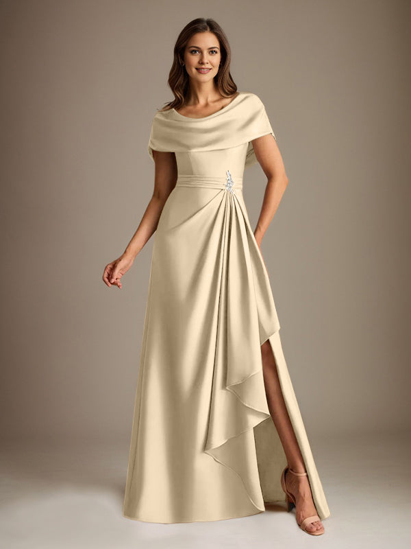 Vestido de madre de la novia de satén elástico, corte A, largo hasta el suelo, con escote redondo y volantes en cascada