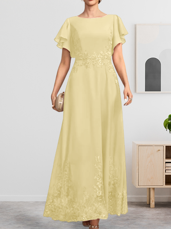 A-Linie U-Ausschnitt Knöchellang Spitzen-Chiffon-Kleid für die Brautmutter mit Pailletten