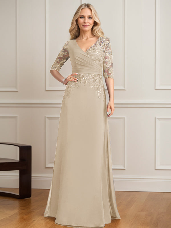 Vestido de madre de la novia de gasa con encaje, escote en V y lentejuelas plisadas hasta el suelo