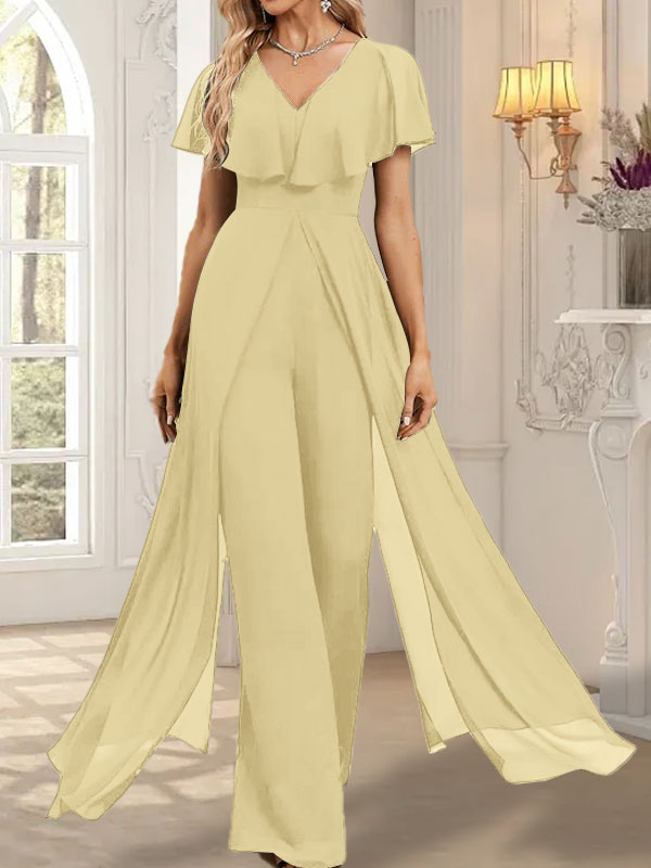 Vestido de noche de gasa con escote en V y largo hasta el suelo, tipo mono/pantalón