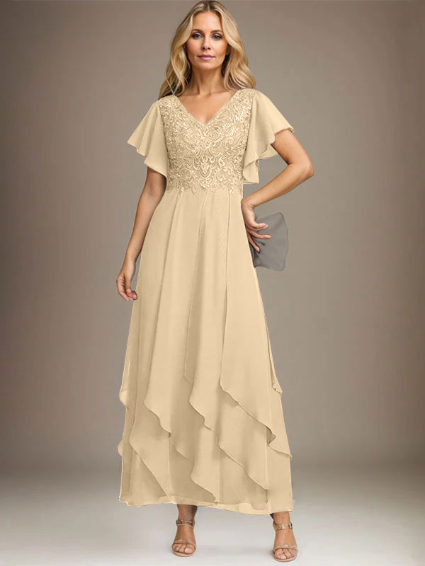 Vestido de gasa con encaje y escote en V hasta los tobillos para madre de la novia con volantes en cascada