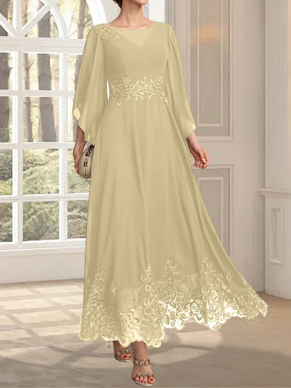 Vestido de gasa con encaje y lentejuelas para madre de la novia, corte A, escote ilusión, largo hasta los tobillos