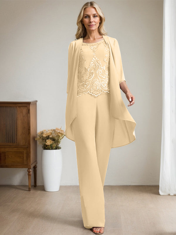 Vestido de madre de la novia de gasa con encaje, escote redondo y lentejuelas y mono/pantalón separado