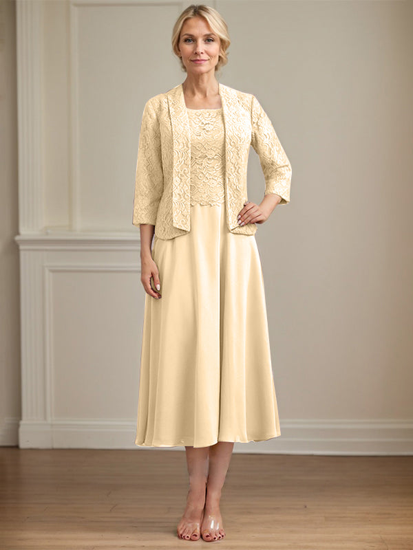 Vestido de gasa con encaje y escote redondo hasta la rodilla para madre de la novia