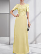 Vestido de gasa con encaje y lentejuelas para madre de la novia, corte A, largo hasta el suelo